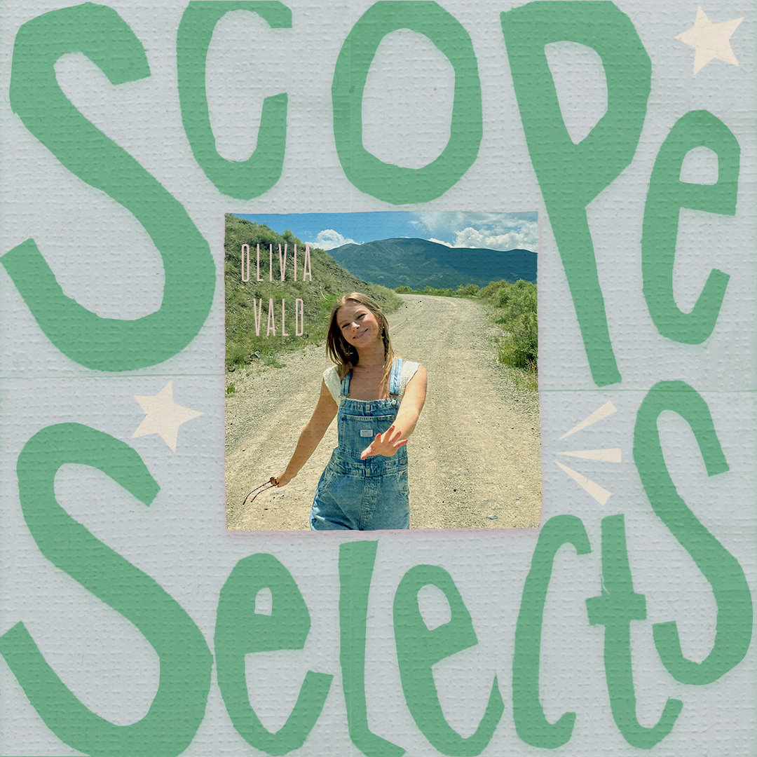 Olivia Scope Selects Grpahic, blue background, green lettering