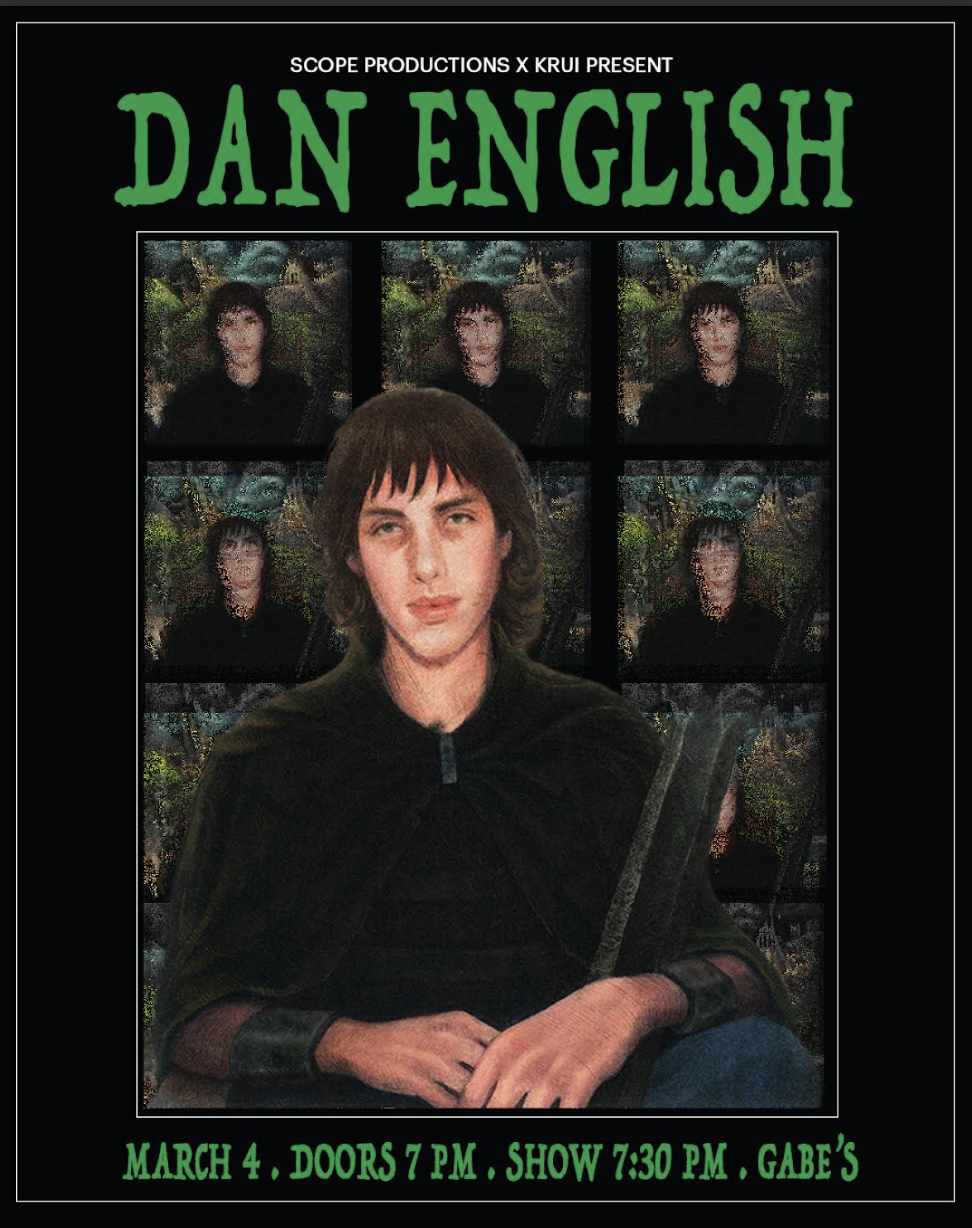 Green graphic with artists name. Main picture of Dan English, with smaller pictures behind (3x3)
