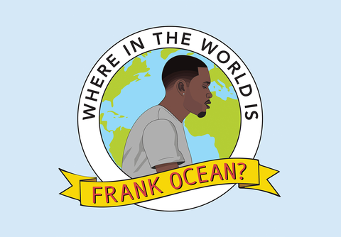 An illustration of Frank Ocean with the text "Where in the world is Frank Ocean" written over it