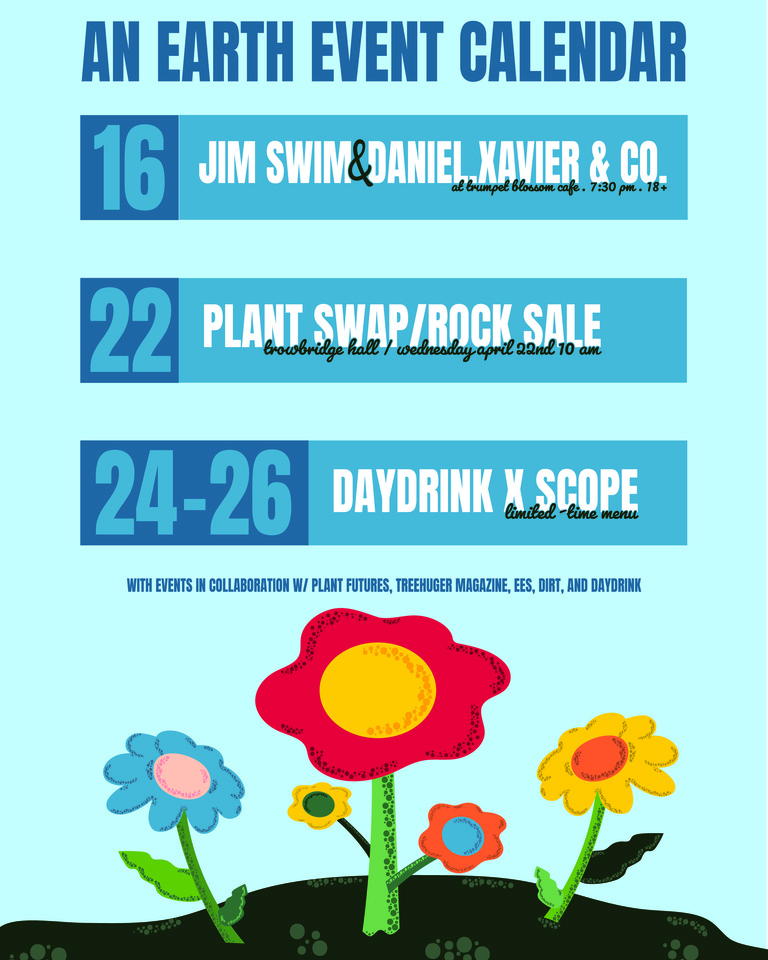 Blue background with flowers at the bottom. Lineup of events taking place