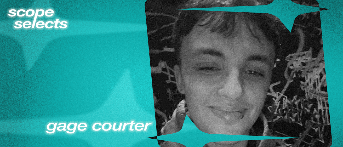 Blue graphic with white text, black and white picture of gage on right