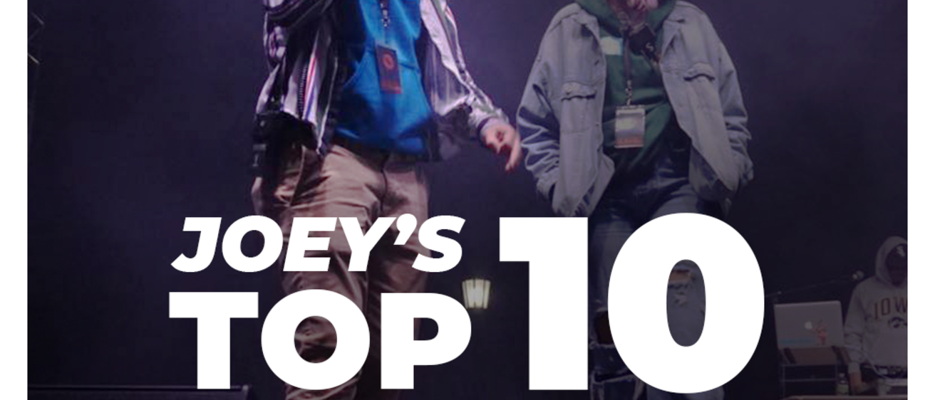 Contains the text "Joey's top 10 tracks of 2021" with a person performing with a microphone