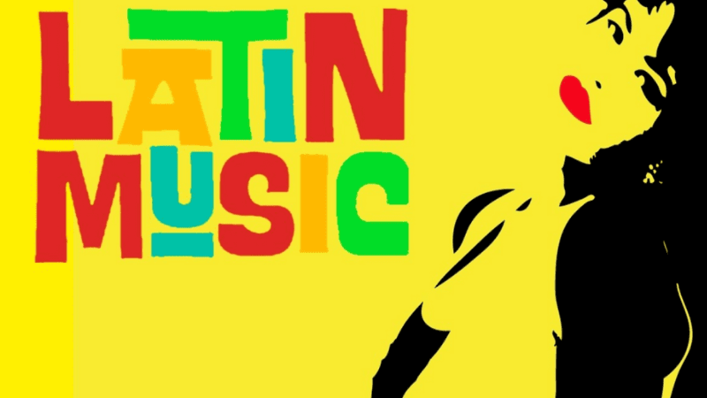 Contains the text "Latin Music" with a stylized image of a singer