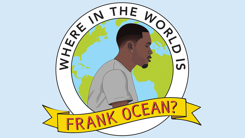 An illustration of Frank Ocean with the text "Where in the world is Frank Ocean" written over it